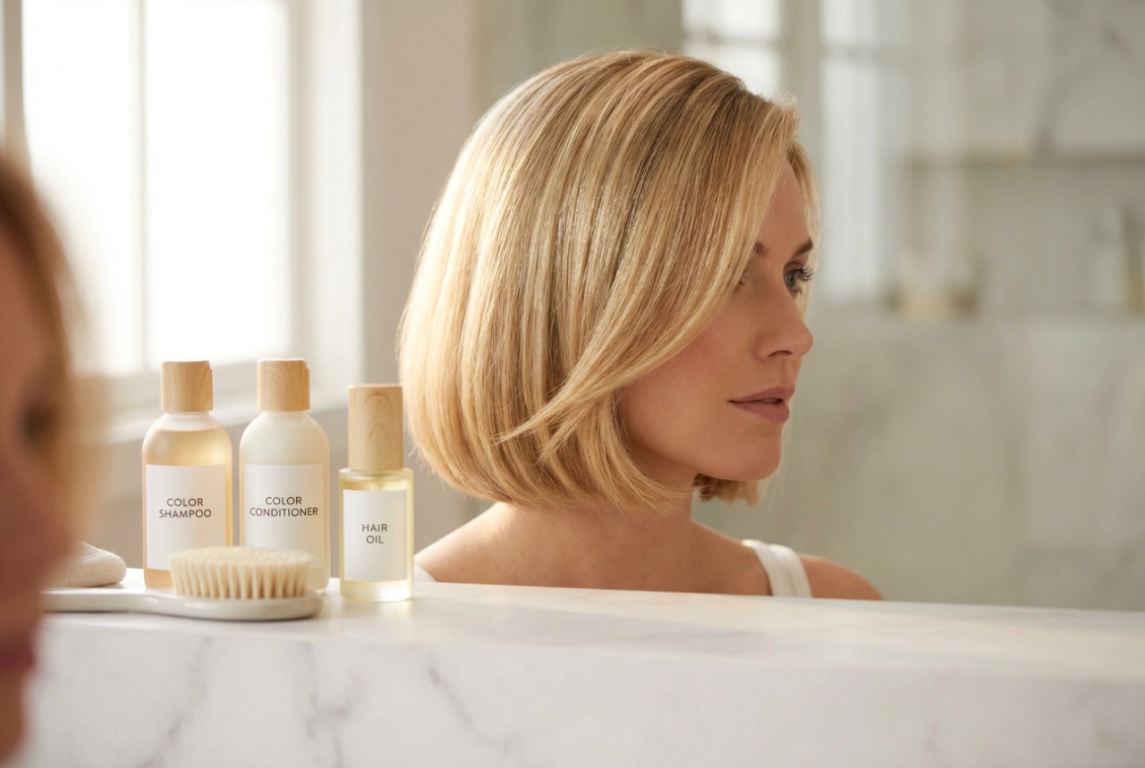 Krátke blond vlasy: styling s ochranou farby a leskom