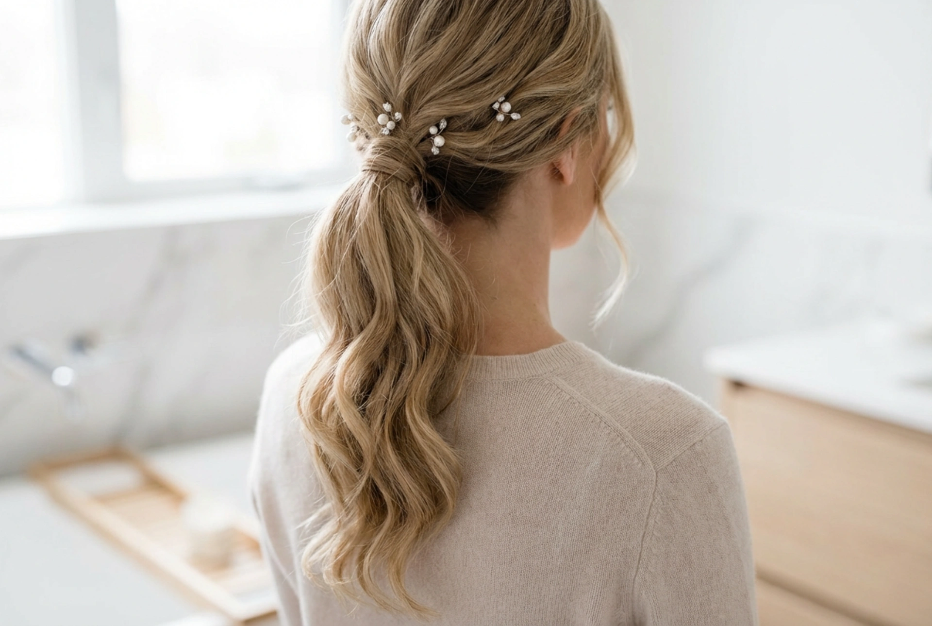 Cop na svadbu: elegantný konský chvost, vlny a doplnky