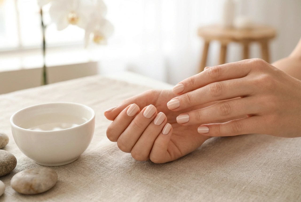 Krátke hybridné nechty: optické predĺženie a precízne lakovanie