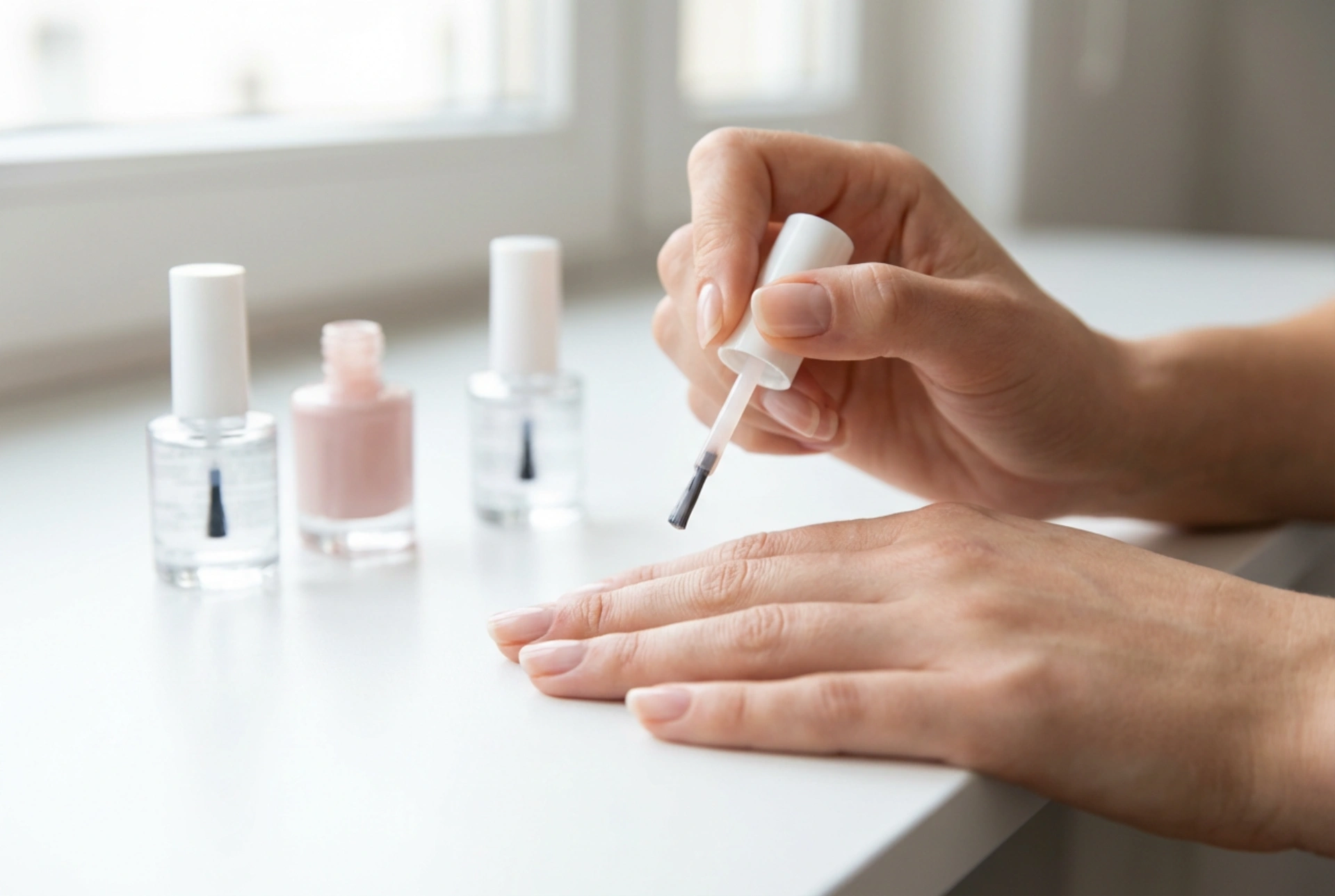 Svetlá hybridná manikúra bez šmúh: príprava, tenké vrstvy, top coat