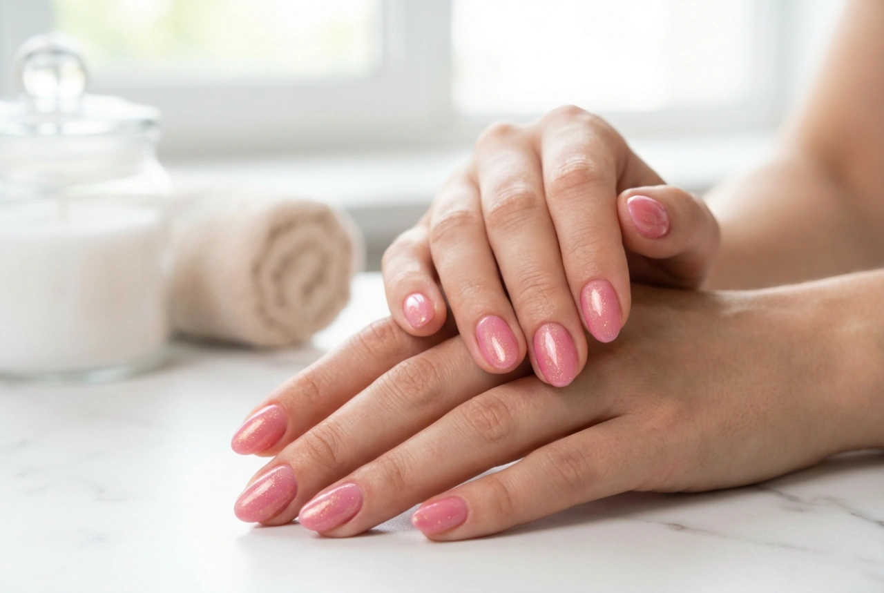 Ružová hybridná manikúra s trblietkami: rovnomerné krytie, lesk a trvácnosť