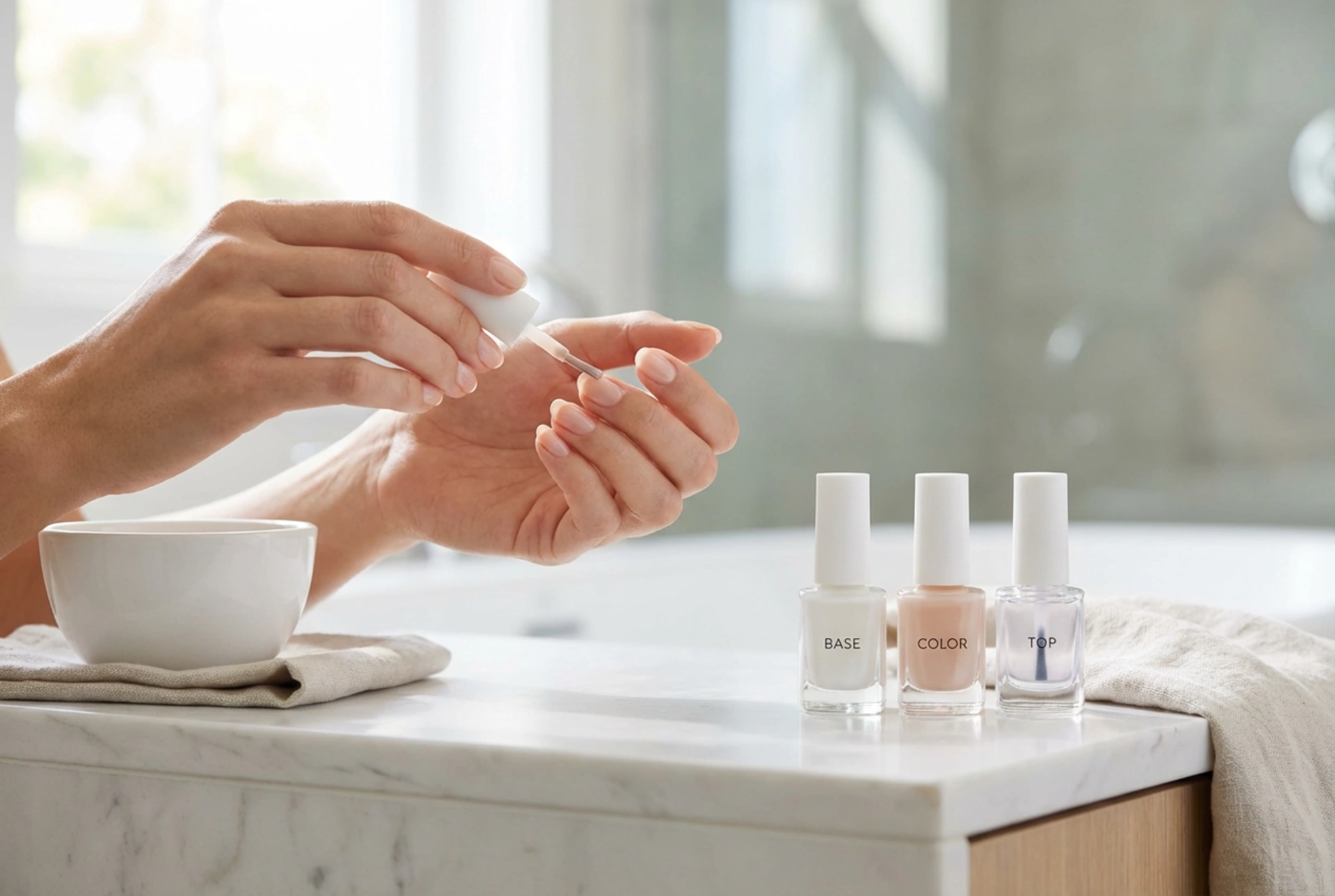 Prirodzená hybridná manikúra krok za krokom: báza, farba a top coat