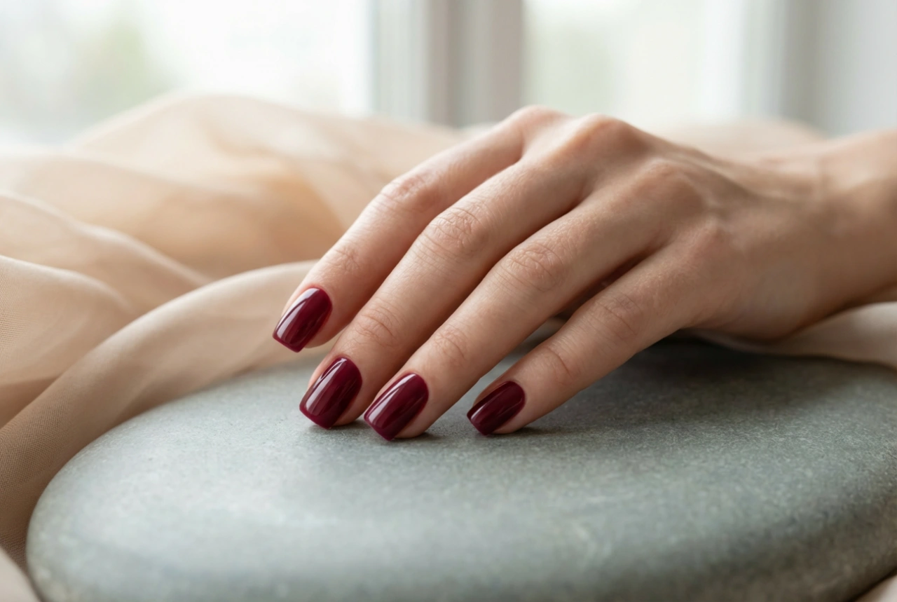 Hranaté bordové nechty: tvarovanie, lakovanie a vrchný lak