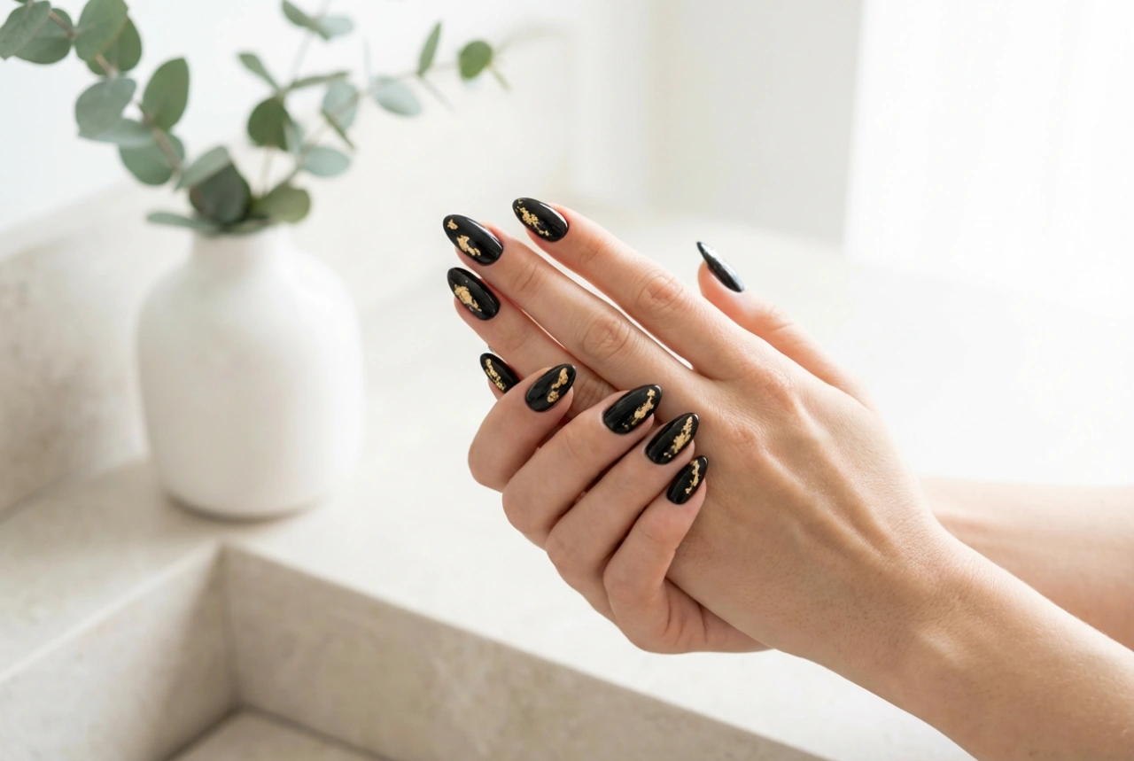 Elegantné kombinácie: čierne nechty so zlatom krok za krokom