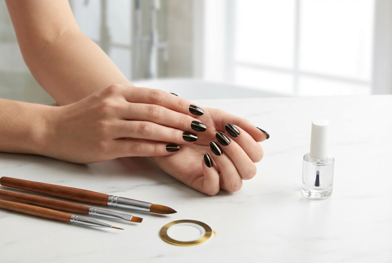 Zlatý pásik na čiernych nechtoch: pásky, štetce a top coat