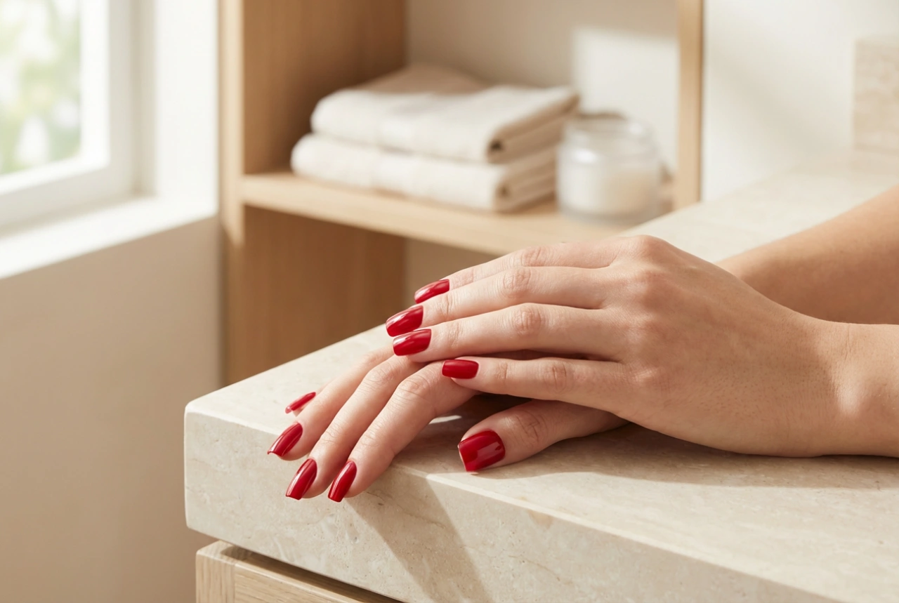 Červené štvorcové nechty: Pilníkovanie, lakovanie a konečná úprava