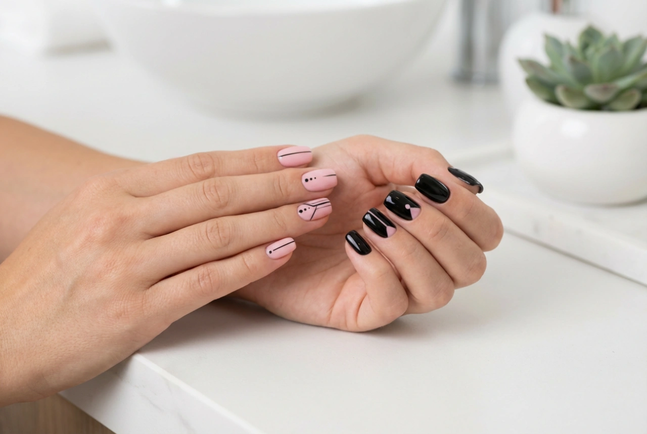 Ružovo-čierne nechty: nápady na kontrasty a jednoduché techniky