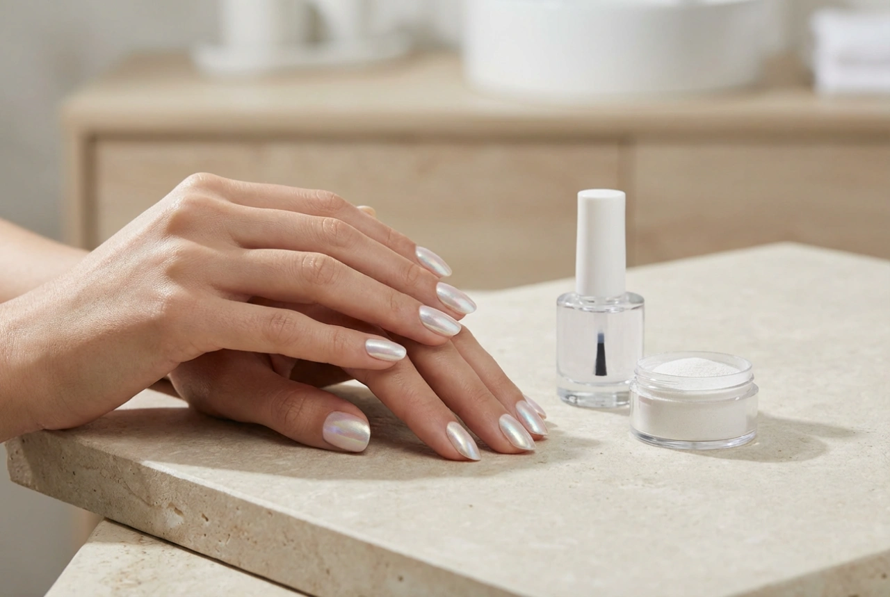 Perleťové hybridné nechty: perlový efekt, prášky a odolný top coat