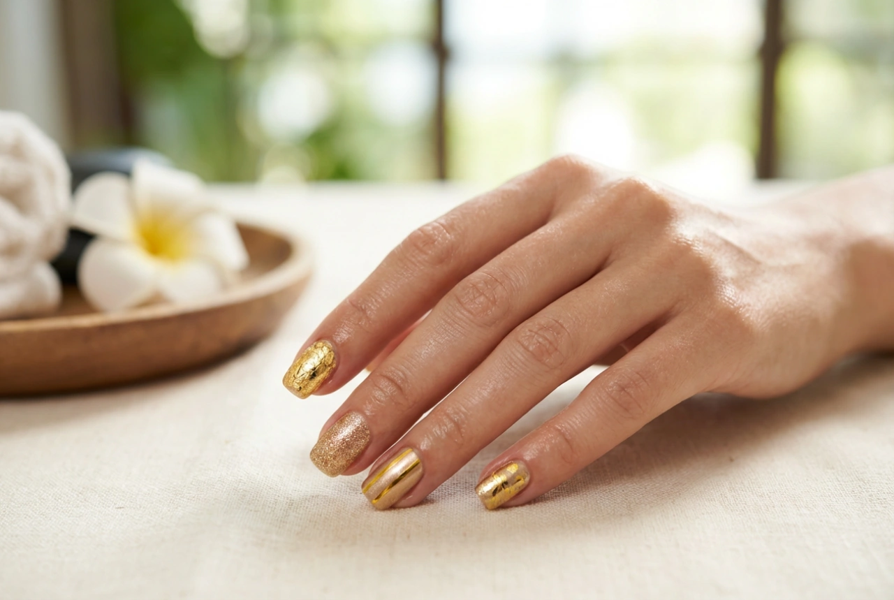 Zlaté zdobenie nechtov: Fólie, pásky, nálepky a prášky