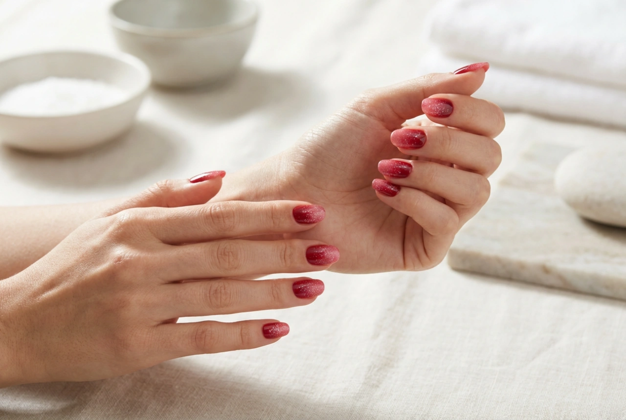 Červené ombre nechty s trblietkami: plynulé prechody a lesk bez neporiadku