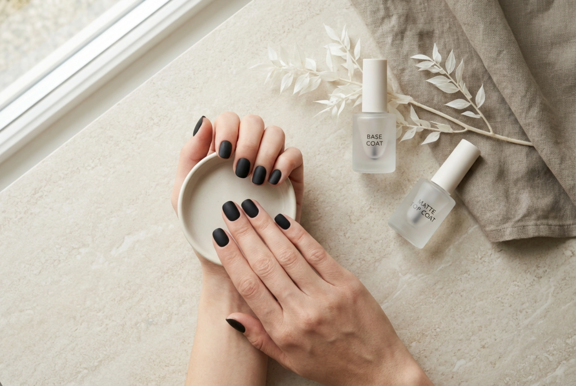 Čierne matné nechty krok za krokom: báza, matný top coat a fixácia