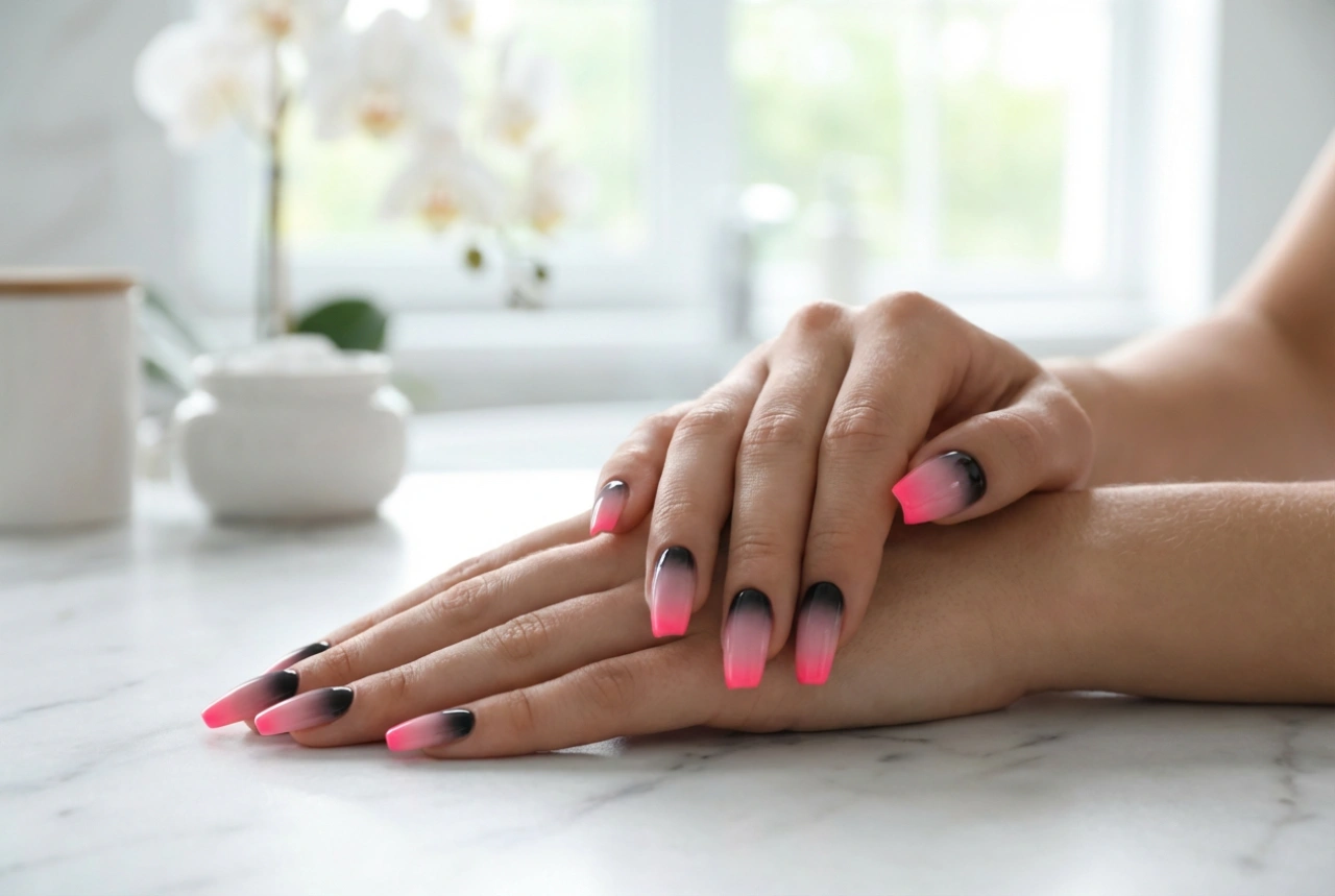 Čierno-ružové ombré nechty: od neónových po pastelové, krok za krokom