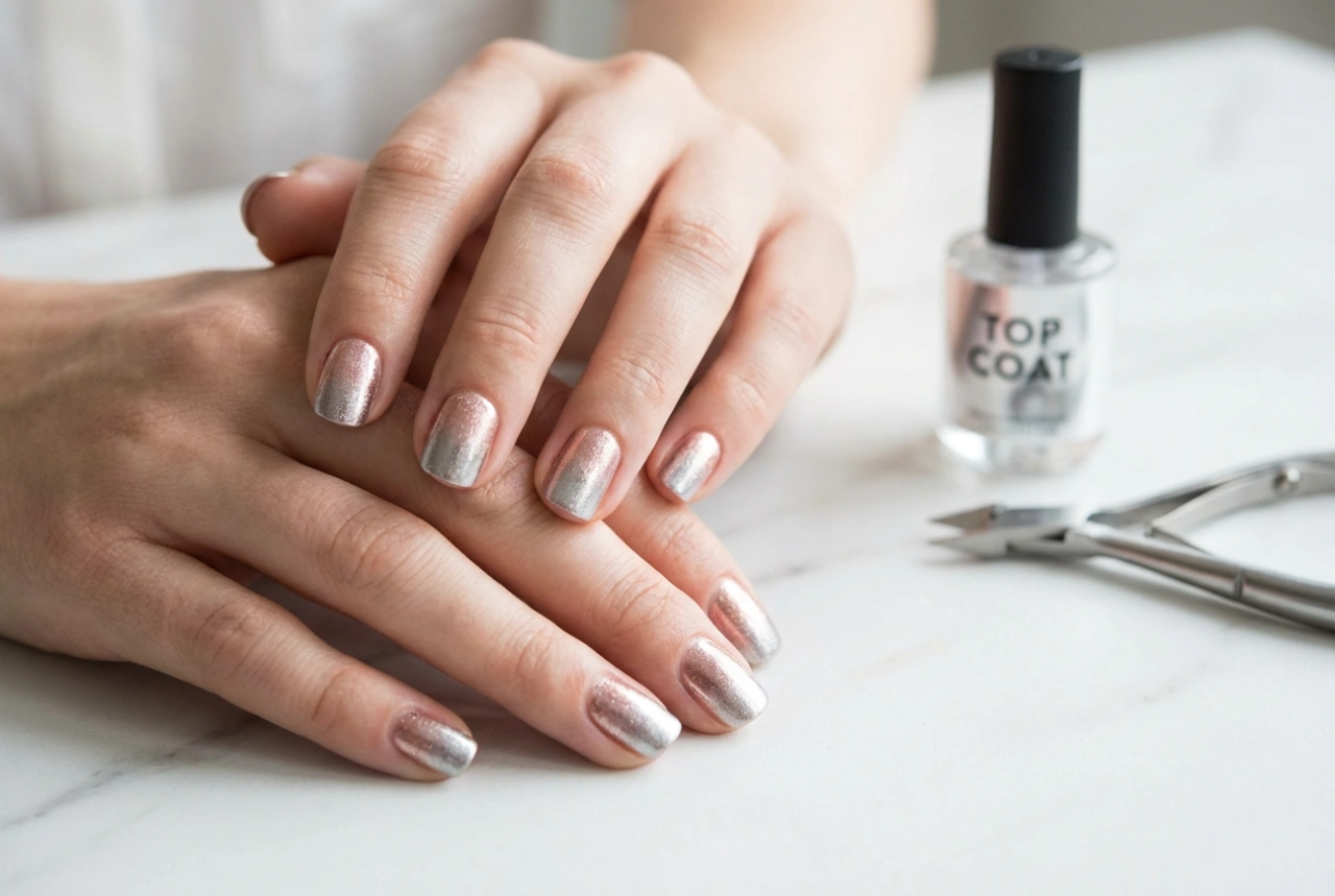 Metalické ombre nechty: púdrové pigmenty, aplikácia a zabezpečenie top coatom