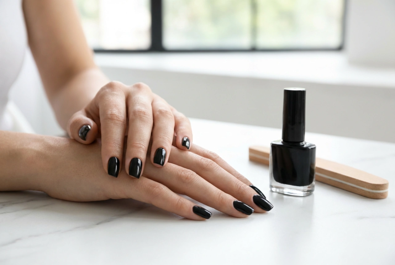 Čierny gél lak bez šmúh: príprava nechtu a dve vrstvy