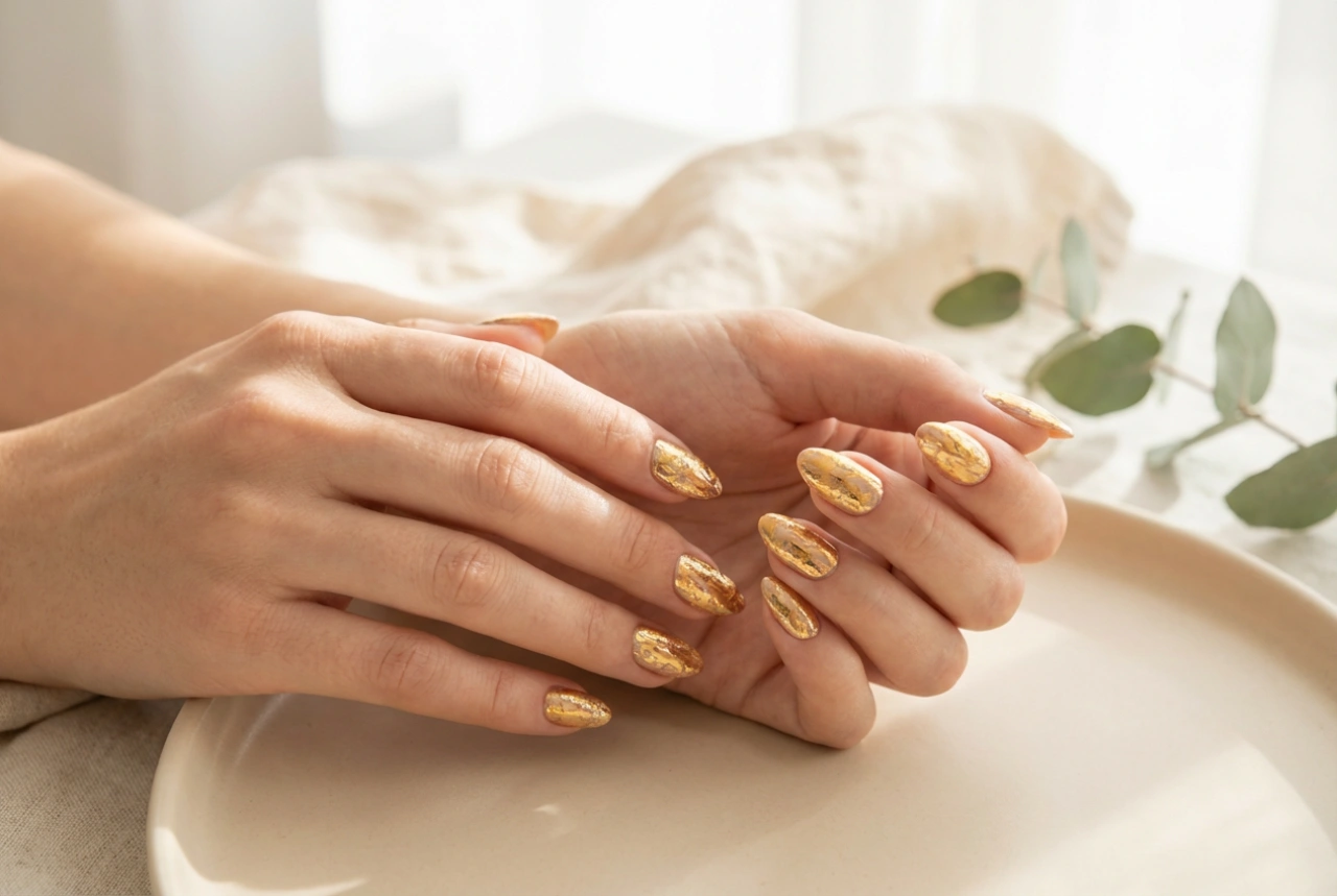 Zlaté nálepky na nechty: efektná aplikácia a ako zabrániť odlepovaniu